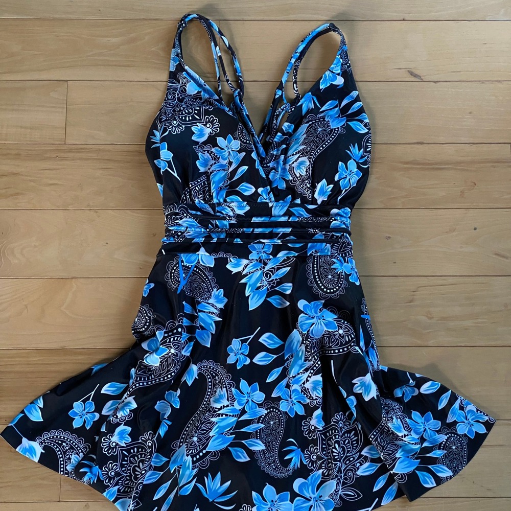 Summer Mae Floral Swim Dress Women Large Black Blue Paisley One Piece Swimsuit